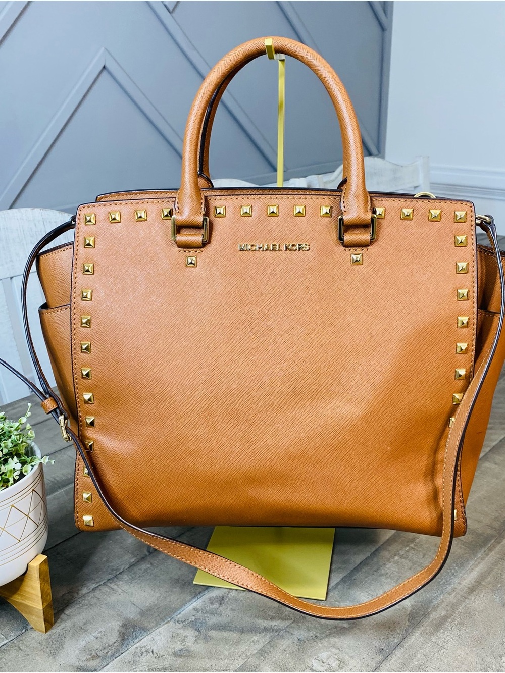 Michael Kors Selma Studded Large Brown Satchel Zip, Gold Hardware, Strap